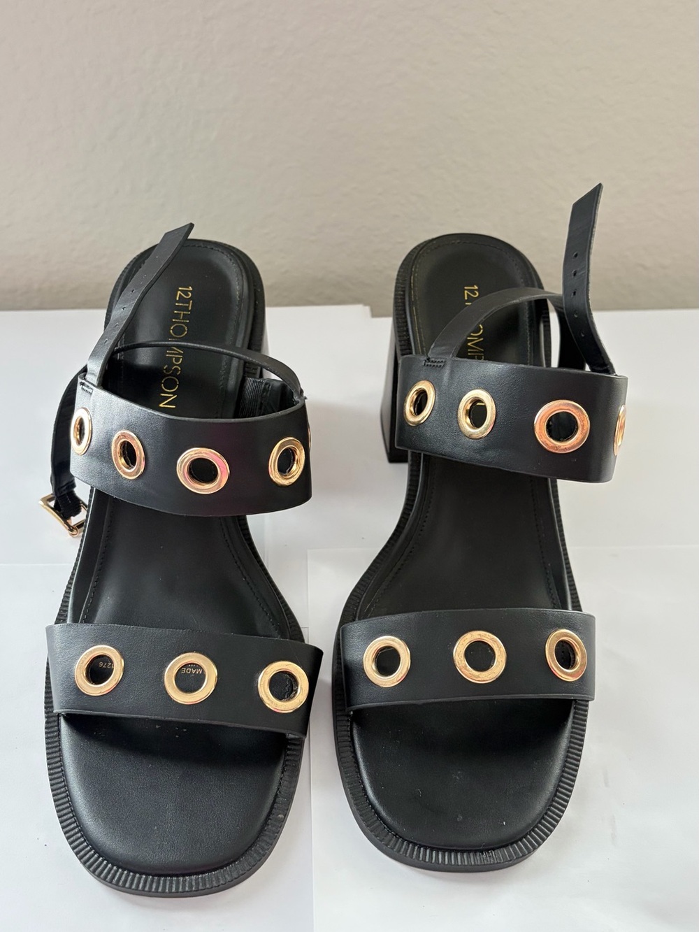 Black Sandals with Gold Grommet Very Good Condition, Only 1 Time Worn,Heel 3,5in